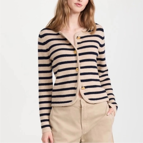 Rag & Bone Sweater Nancy Cardigan Wool-Blend in Oatmeal Navy Striped - Picture 4 of 11